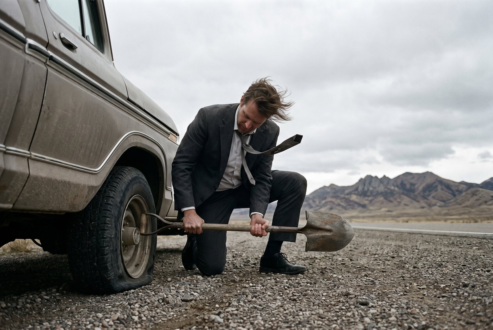 A man in a suit kneels by a pickup with a flat tire on an empty highway, working at it with a shovel.